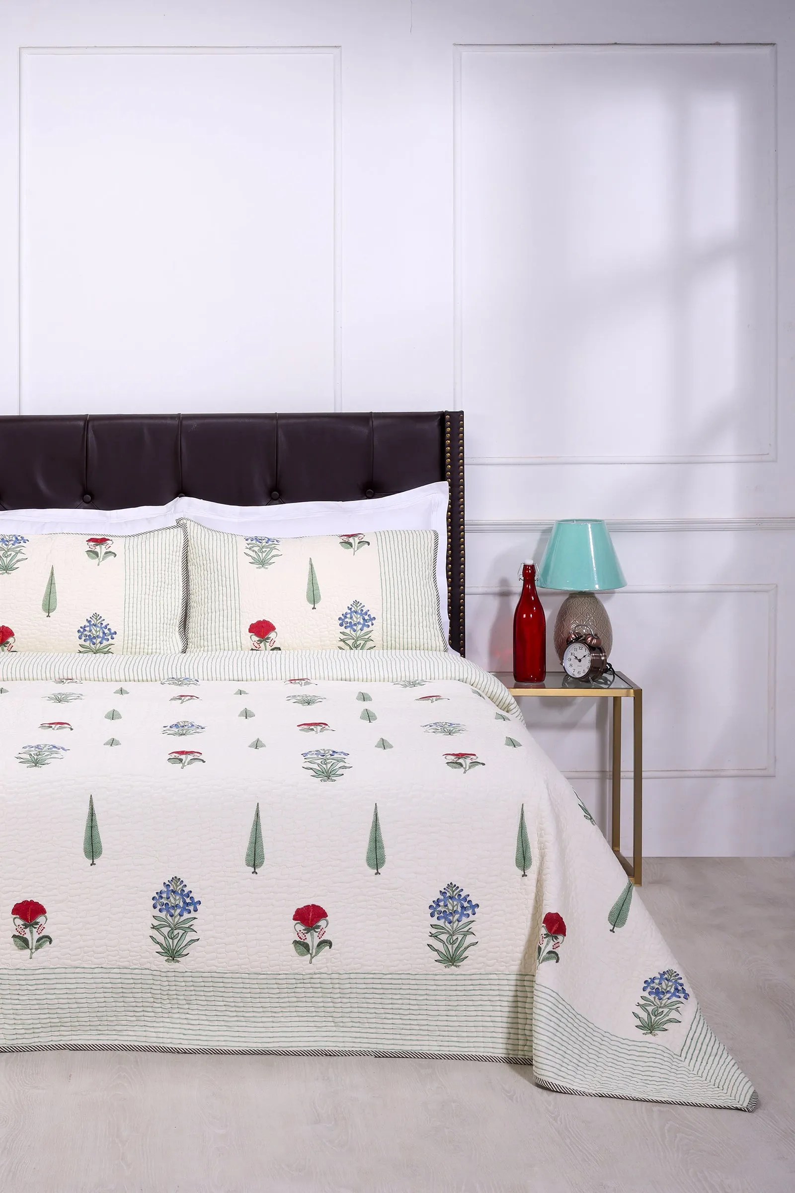 Floriate Block Printed Beige Cotton Bedcover