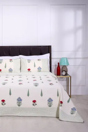 Floriate Block Printed Beige Cotton Bedcover
