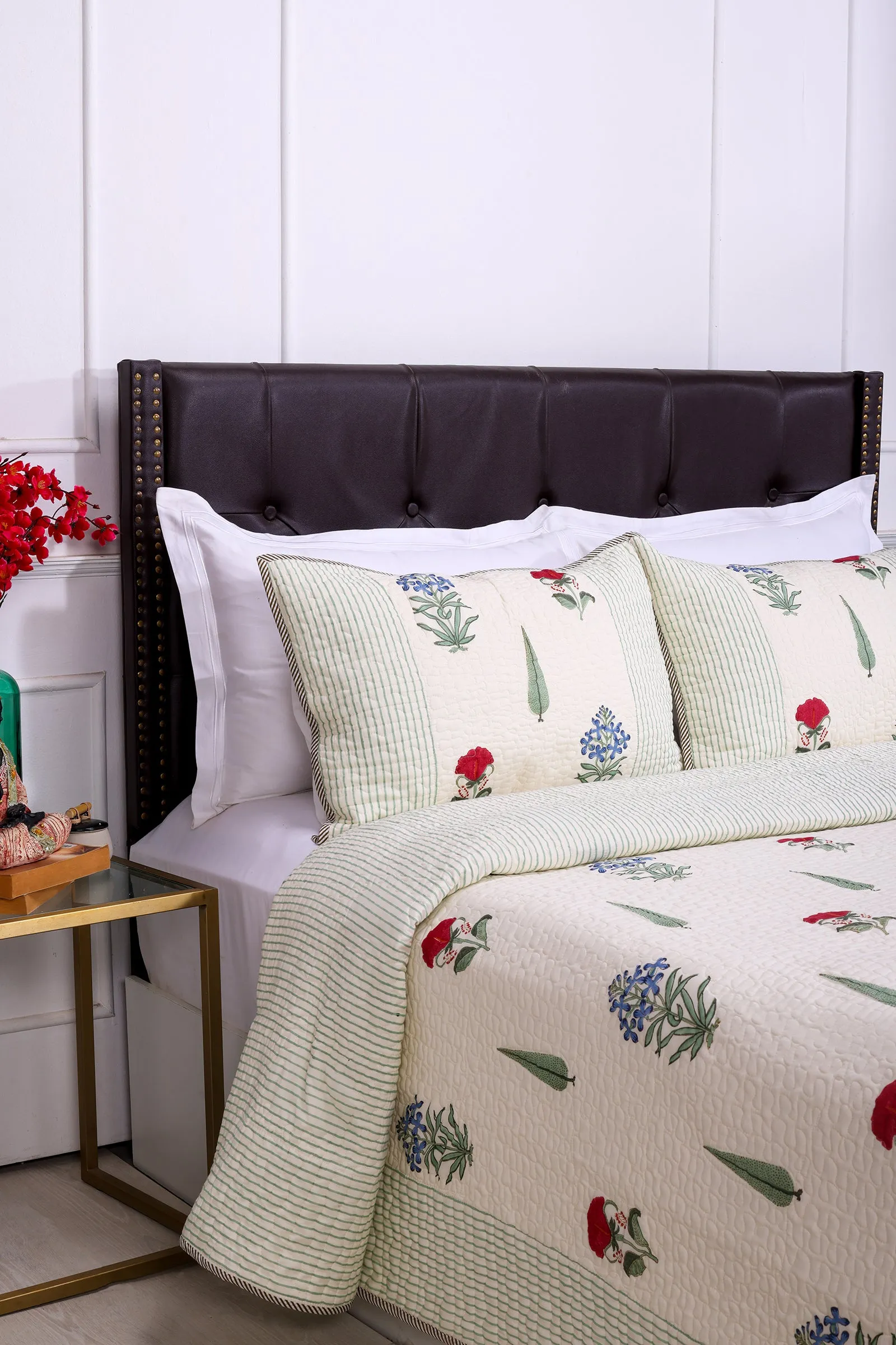 Floriate Block Printed Beige Cotton Bedcover