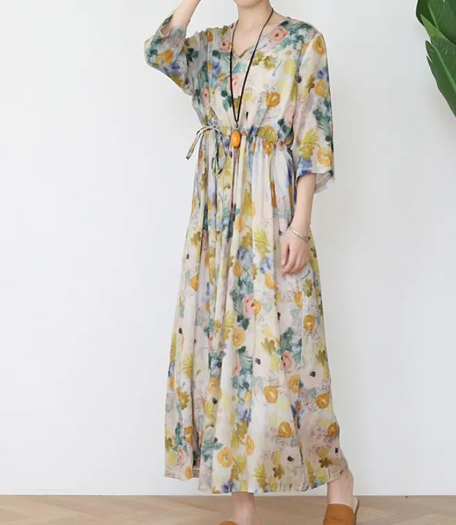 Flower Ramie Loose Women Summer Fashion Long Dresses V Neck Waist String AMT962328