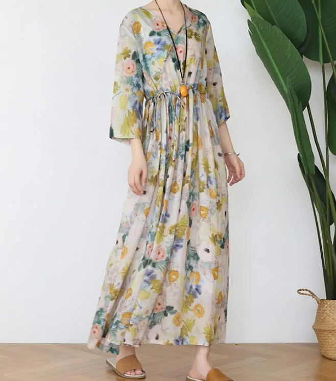 Flower Ramie Loose Women Summer Fashion Long Dresses V Neck Waist String AMT962328