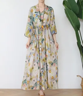 Flower Ramie Loose Women Summer Fashion Long Dresses V Neck Waist String AMT962328