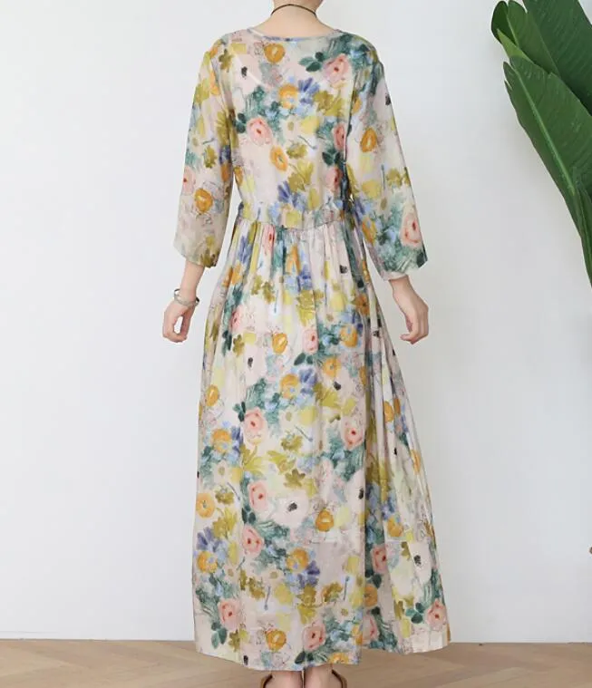 Flower Ramie Loose Women Summer Fashion Long Dresses V Neck Waist String AMT962328