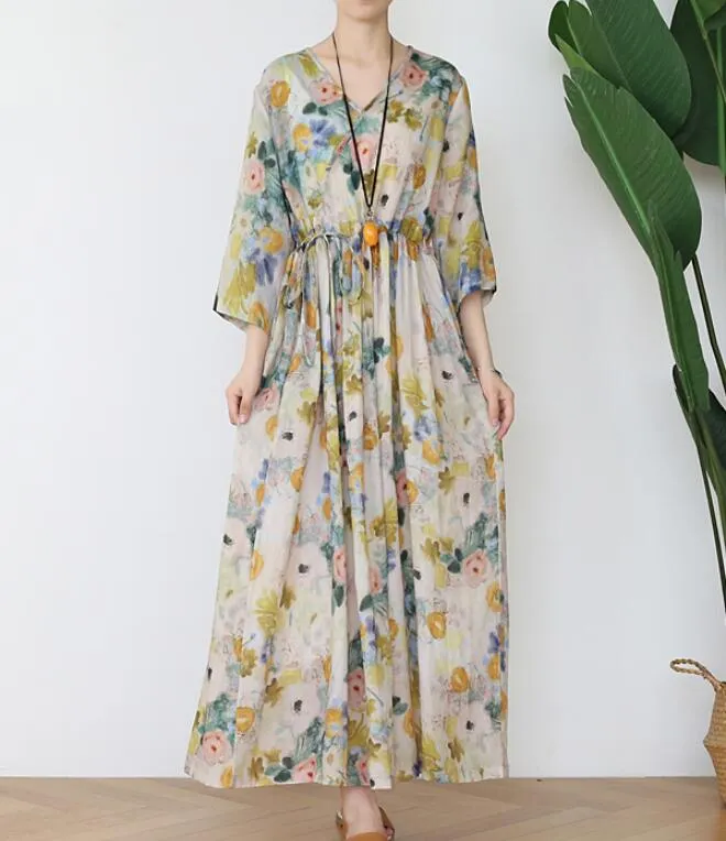 Flower Ramie Loose Women Summer Fashion Long Dresses V Neck Waist String AMT962328