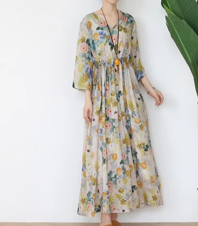 Flower Ramie Loose Women Summer Fashion Long Dresses V Neck Waist String AMT962328