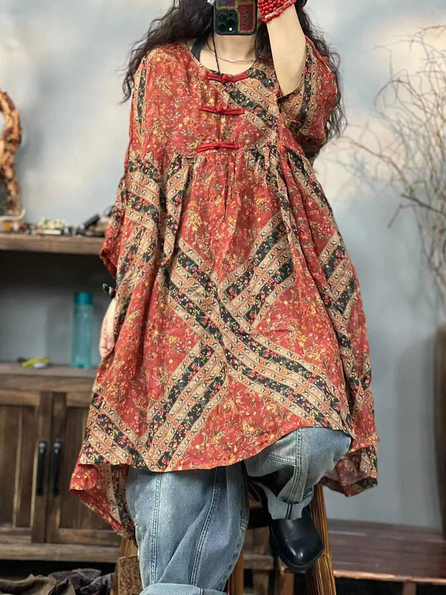 FLYTONN- Plus Size Women Ethnic Print Summer 100%Ramie Dress TY1044