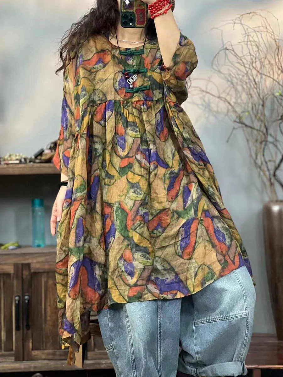 FLYTONN- Plus Size Women Ethnic Print Summer 100%Ramie Dress TY1044