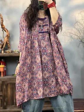 FLYTONN- Plus Size Women Ethnic Print Summer 100%Ramie Dress TY1044