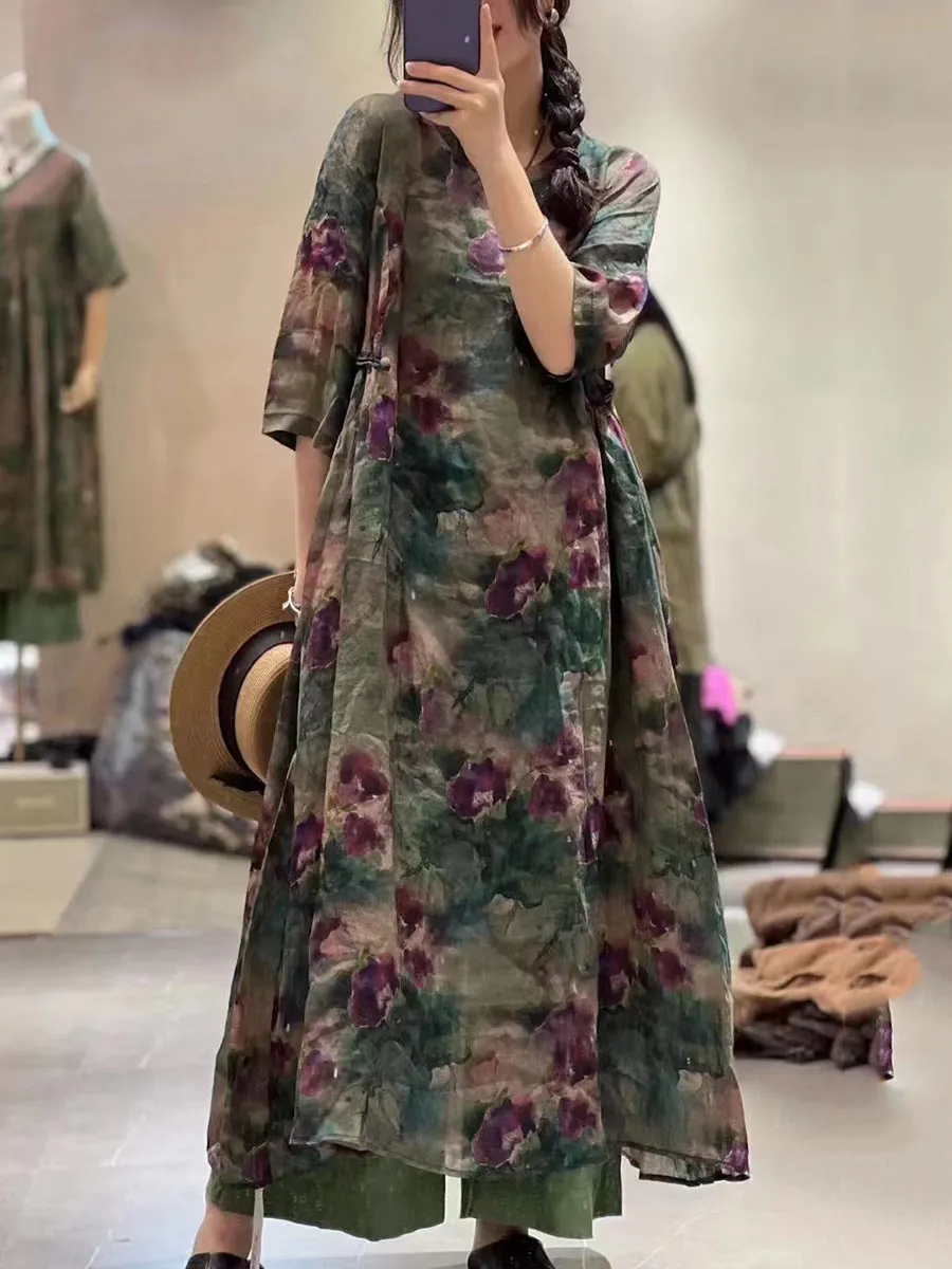 FLYTONN- Plus Size Women Retro Flower Draped Large Hemline Ramie Dress TY1051