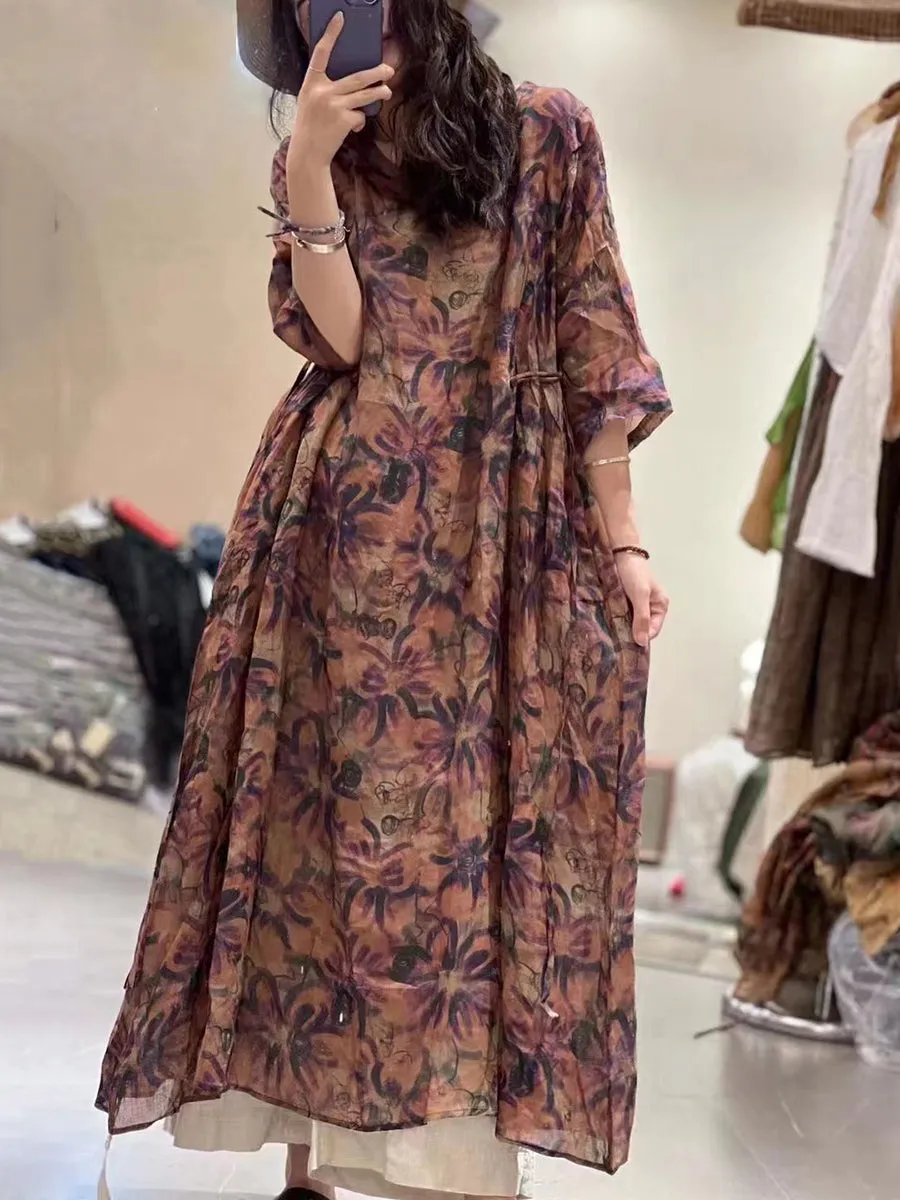 FLYTONN- Plus Size Women Retro Flower Draped Large Hemline Ramie Dress TY1051