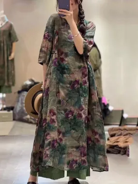 FLYTONN- Plus Size Women Retro Flower Draped Large Hemline Ramie Dress TY1051