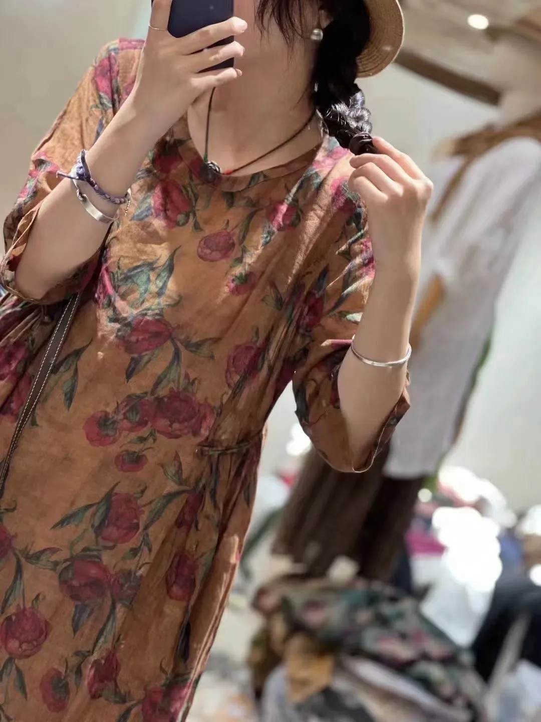 FLYTONN- Plus Size Women Retro Flower Draped Large Hemline Ramie Dress TY1051
