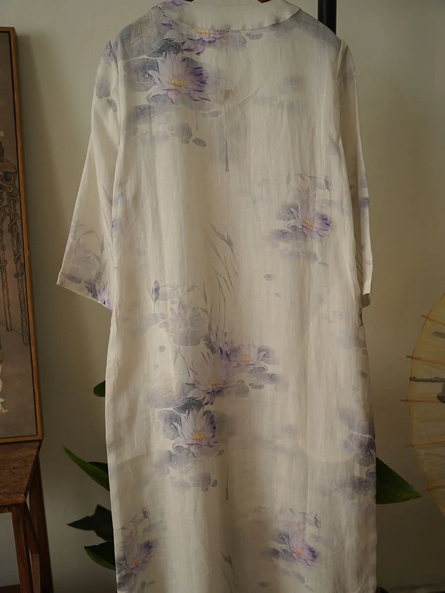 FLYTONN- Women Ethnic Flower Button V-Neck Ramie Dress OO1002
