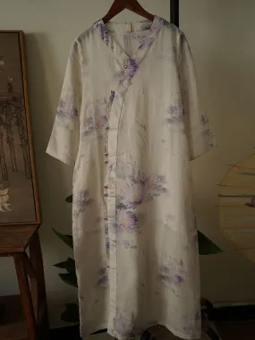 FLYTONN- Women Ethnic Flower Button V-Neck Ramie Dress OO1002