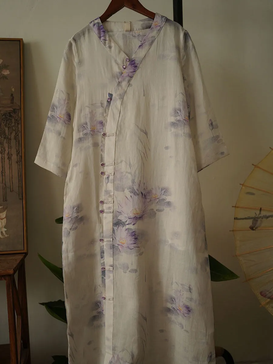 FLYTONN- Women Ethnic Flower Button V-Neck Ramie Dress OO1002