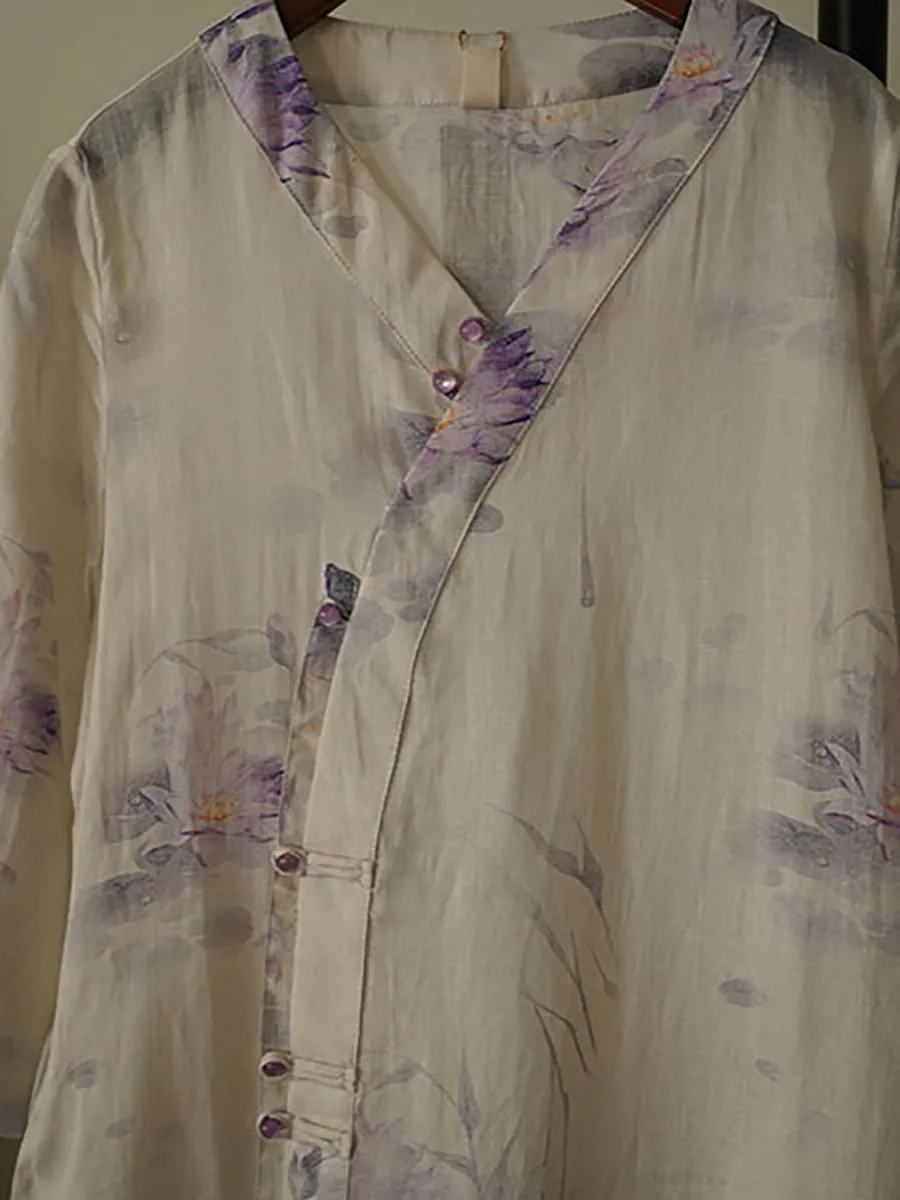 FLYTONN- Women Ethnic Flower Button V-Neck Ramie Dress OO1002