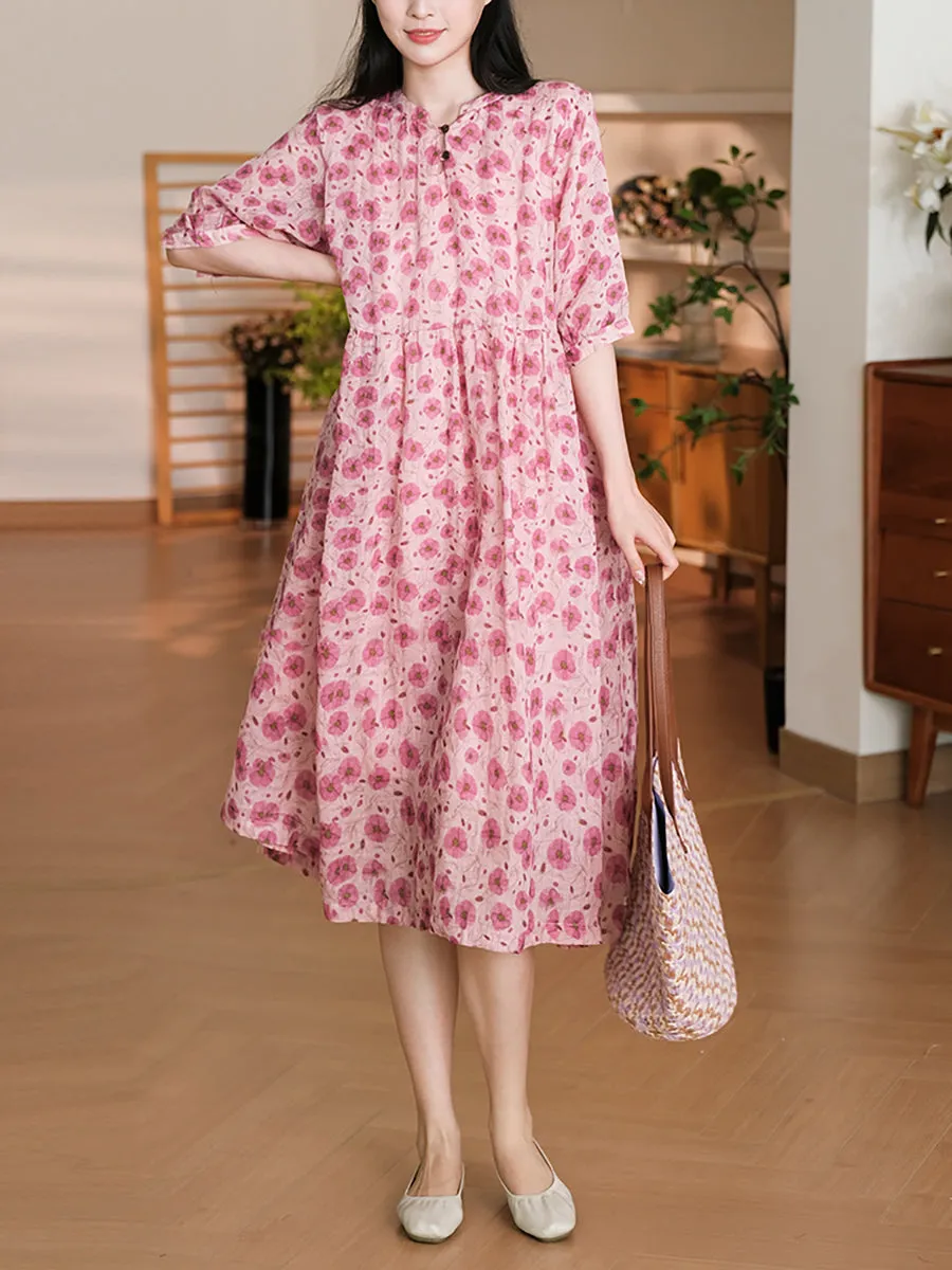 FLYTONN- Women Summer Artsy Floral A-Shape Loose Ramie Dress OO1042