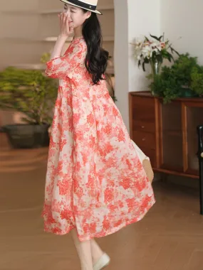 FLYTONN- Women Summer Artsy Floral A-Shape Loose Ramie Dress OO1042