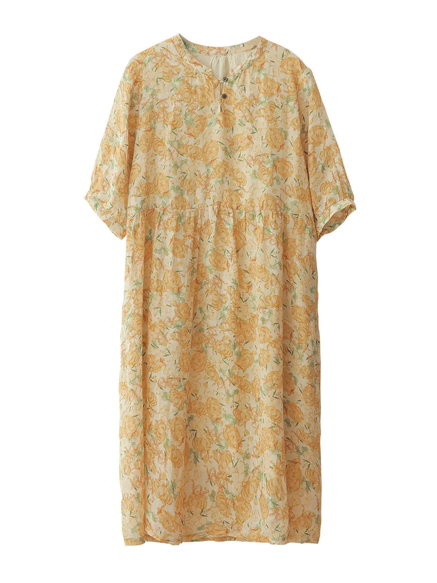 FLYTONN- Women Summer Artsy Floral A-Shape Loose Ramie Dress OO1042
