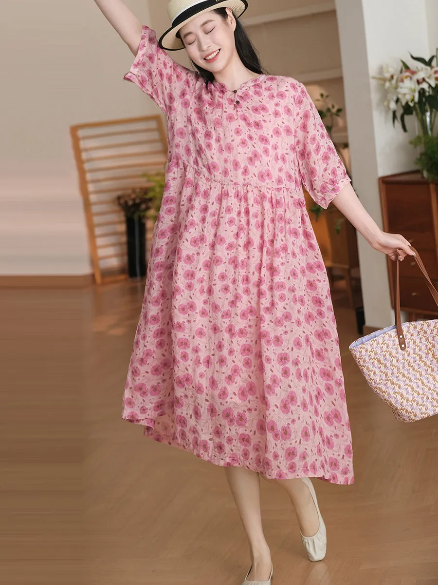 FLYTONN- Women Summer Artsy Floral A-Shape Loose Ramie Dress OO1042