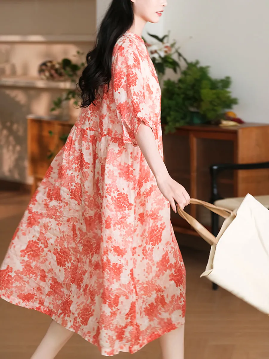 FLYTONN- Women Summer Artsy Floral A-Shape Loose Ramie Dress OO1042