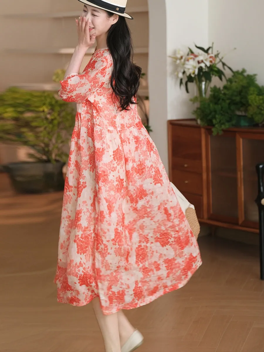 FLYTONN- Women Summer Artsy Floral A-Shape Loose Ramie Dress OO1042