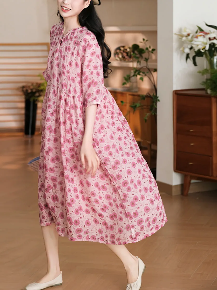 FLYTONN- Women Summer Artsy Floral A-Shape Loose Ramie Dress OO1042