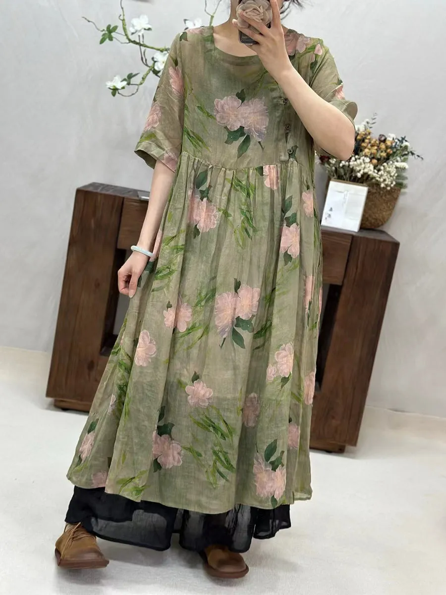 FLYTONN- Women Summer Artsy Floral Loose Ramie Dress TY1034