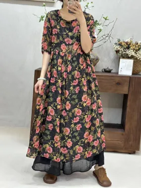 FLYTONN- Women Summer Artsy Floral Loose Ramie Dress TY1034