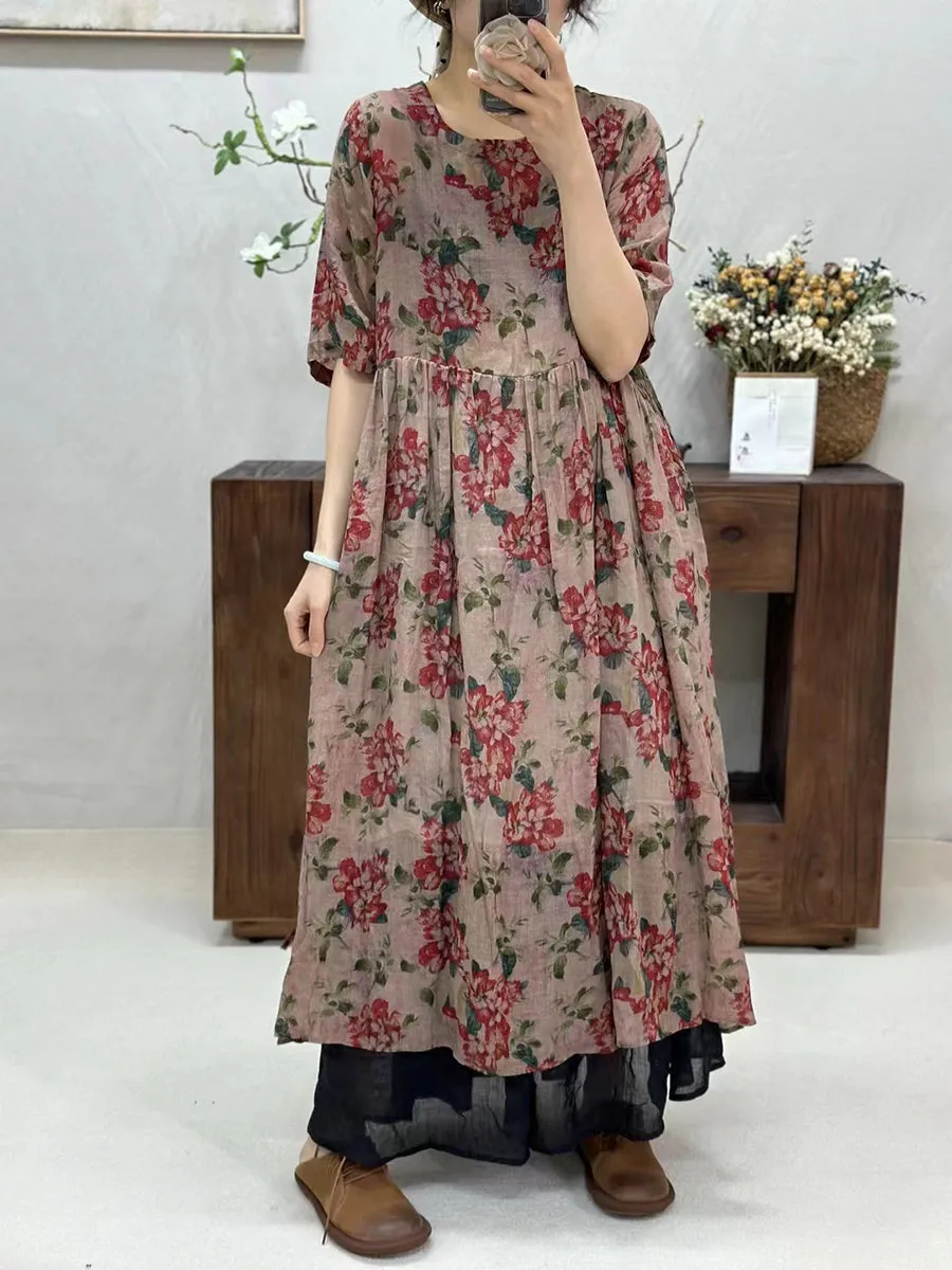 FLYTONN- Women Summer Artsy Floral Loose Ramie Dress TY1034