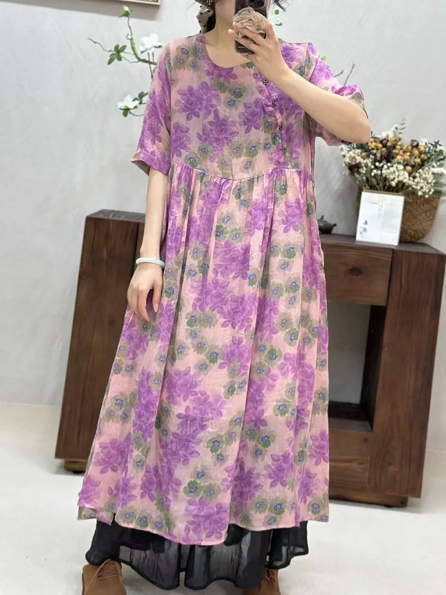 FLYTONN- Women Summer Artsy Floral Loose Ramie Dress TY1034