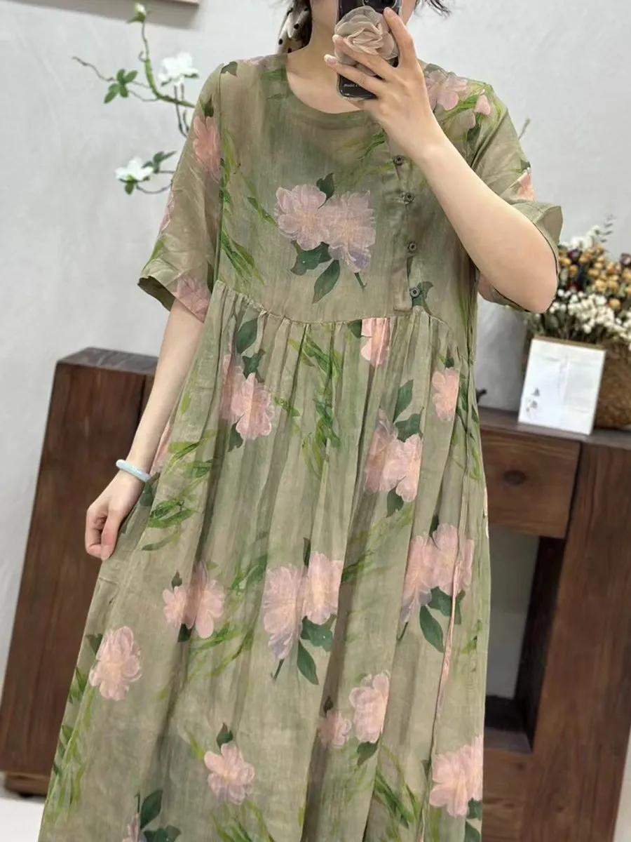 FLYTONN- Women Summer Artsy Floral Loose Ramie Dress TY1034