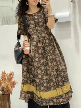 FLYTONN- Women Summer Artsy Floral Spliced V-Neck Ramie Dress WE1025