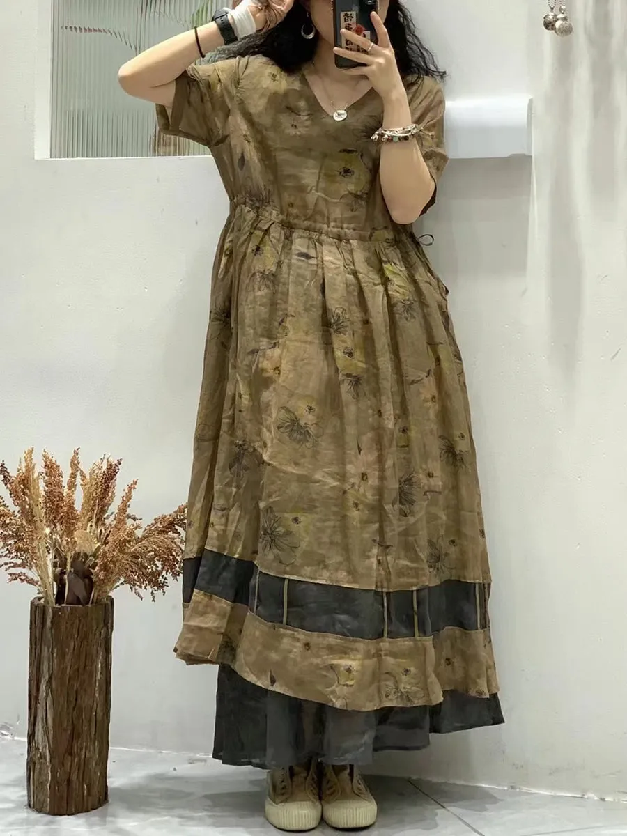 FLYTONN- Women Summer Artsy Floral Spliced V-Neck Ramie Dress WE1025