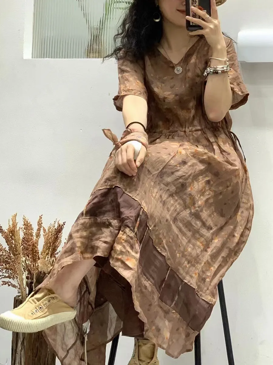 FLYTONN- Women Summer Artsy Floral Spliced V-Neck Ramie Dress WE1025