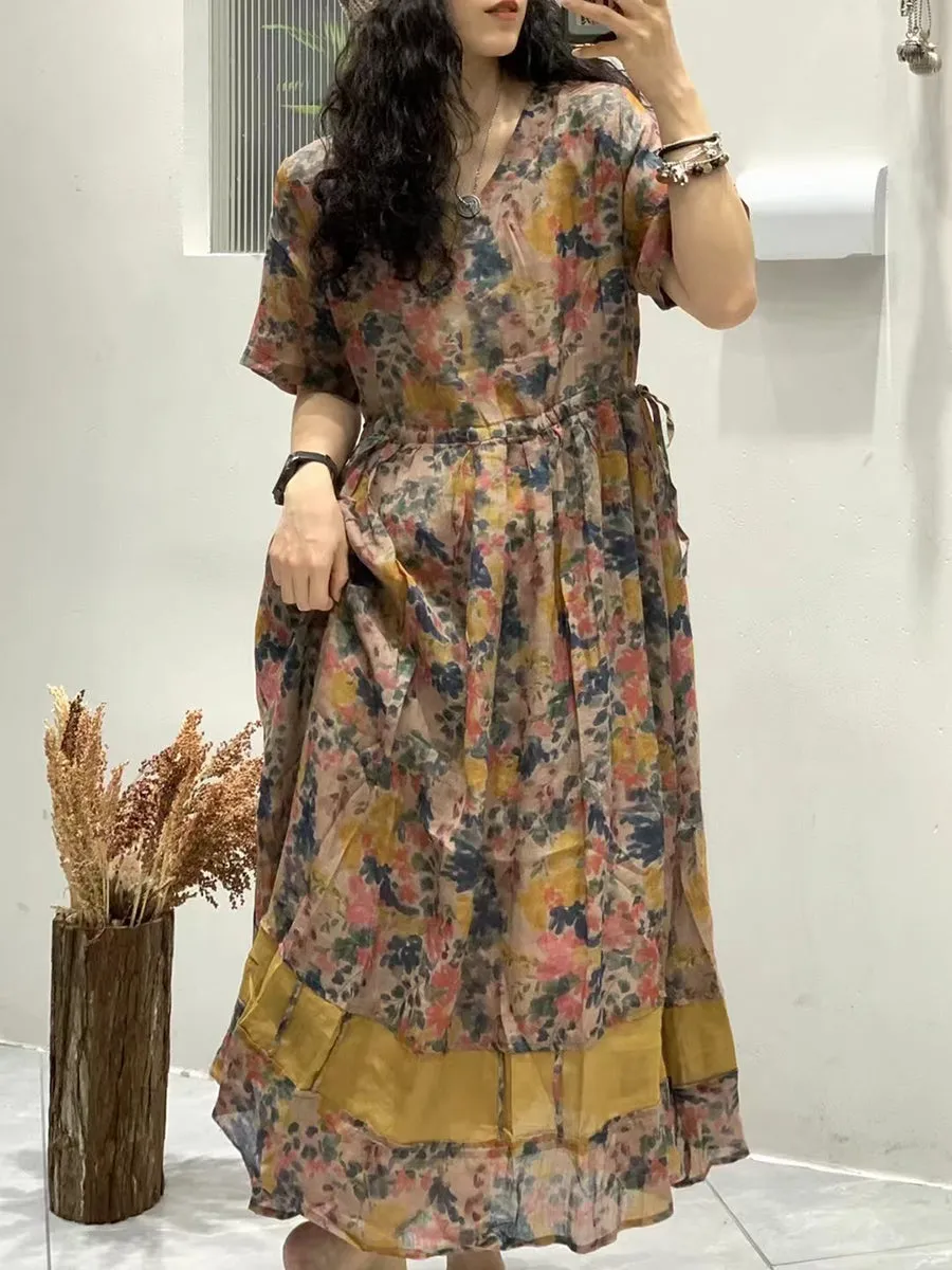 FLYTONN- Women Summer Artsy Floral Spliced V-Neck Ramie Dress WE1025
