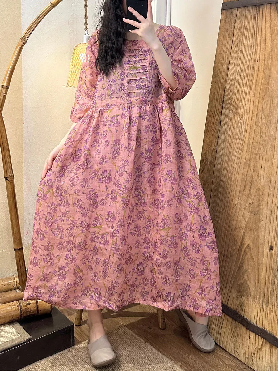 FLYTONN- Women Summer Artsy Floral Strap Linen Dress TY1021