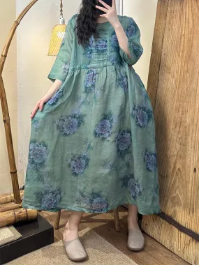 FLYTONN- Women Summer Artsy Floral Strap Linen Dress TY1021