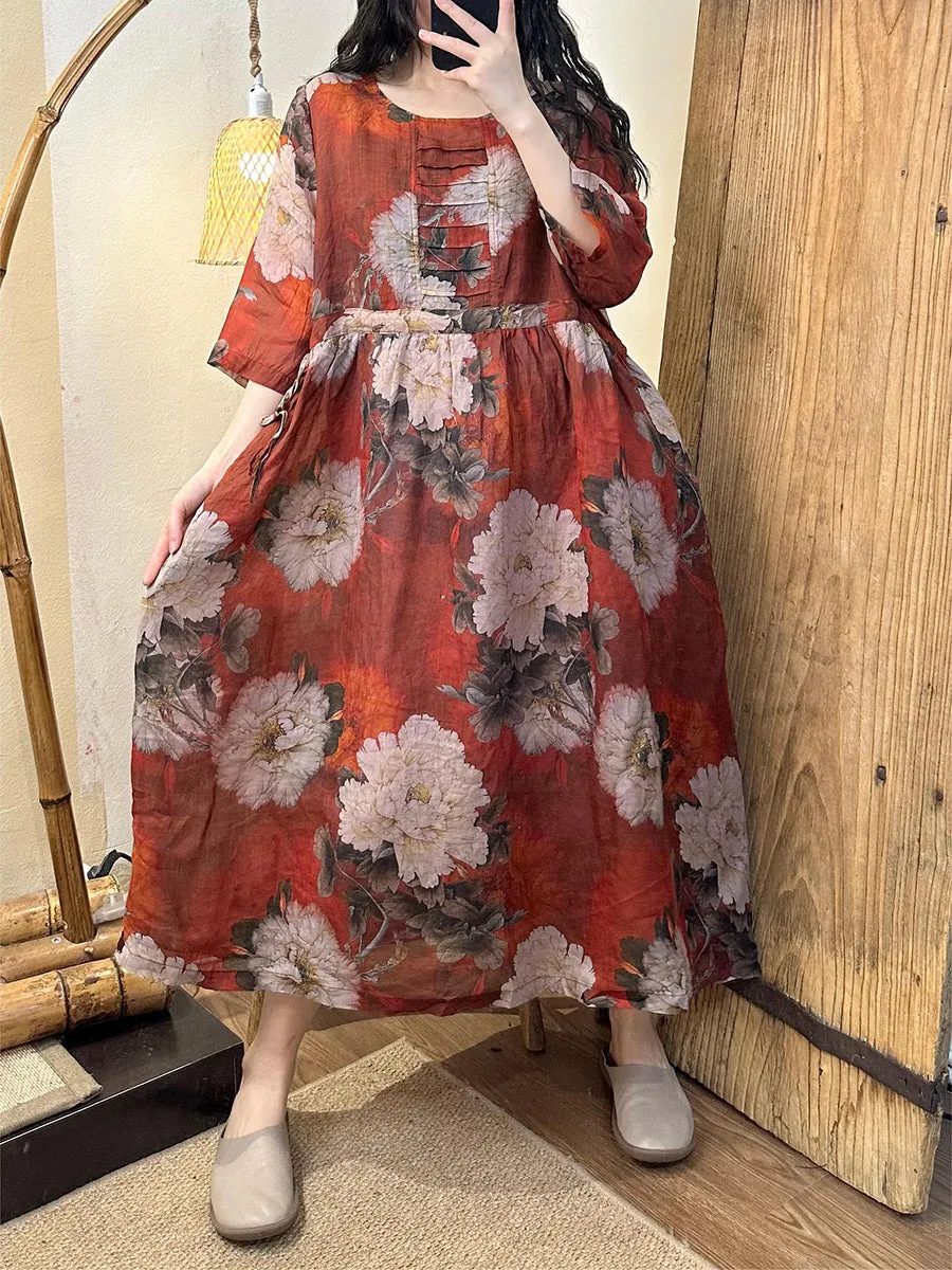 FLYTONN- Women Summer Artsy Floral Strap Linen Dress TY1021