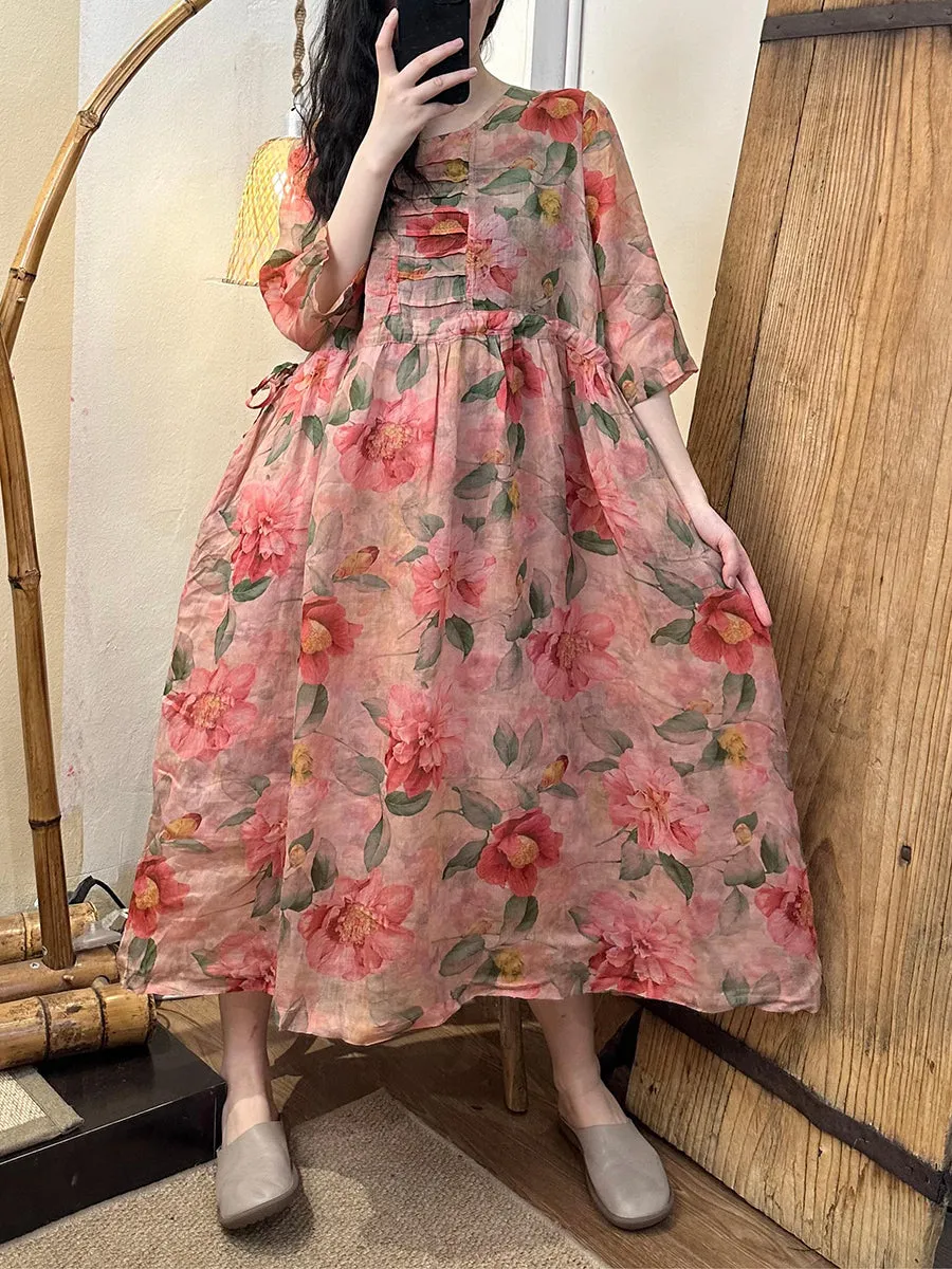 FLYTONN- Women Summer Artsy Floral Strap Linen Dress TY1021