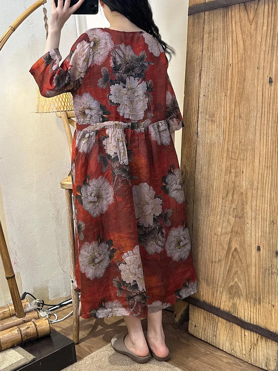 FLYTONN- Women Summer Artsy Floral Strap Linen Dress TY1021
