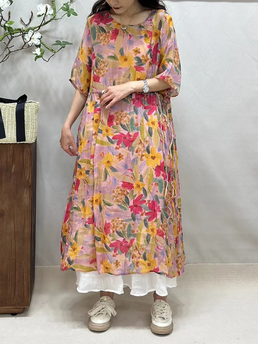 FLYTONN- Women Summer Artsy Floral Strap O-Neck Ramie Dress BN1016