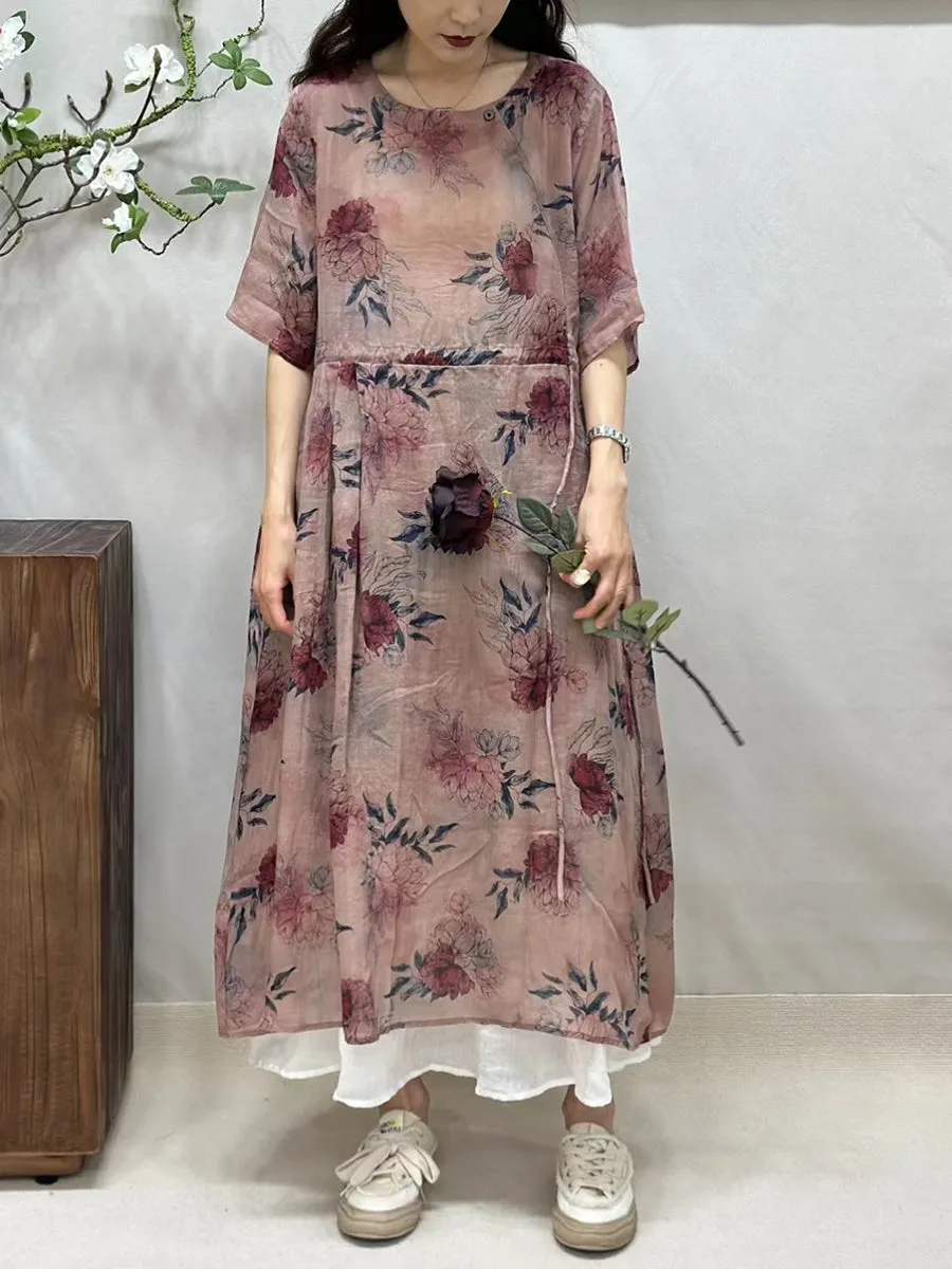 FLYTONN- Women Summer Artsy Floral Strap O-Neck Ramie Dress BN1016