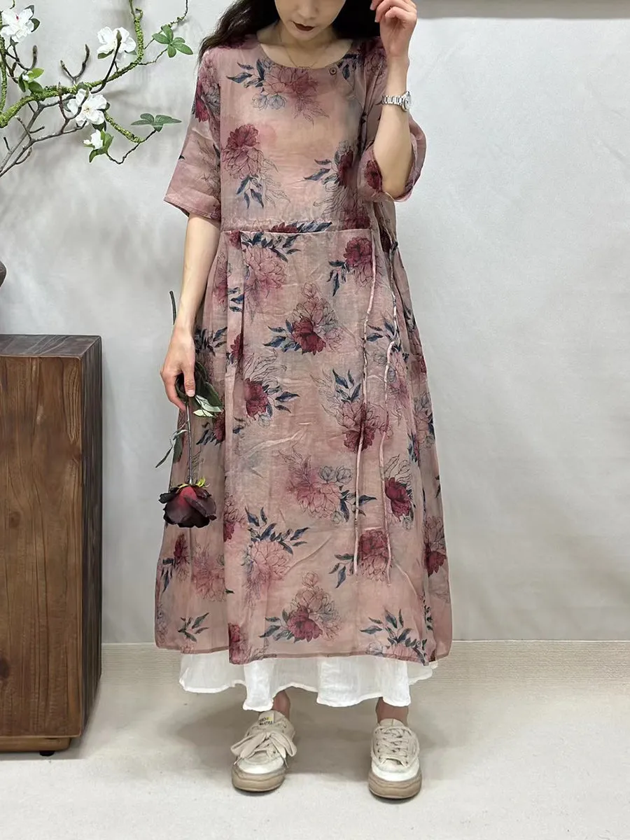 FLYTONN- Women Summer Artsy Floral Strap O-Neck Ramie Dress BN1016