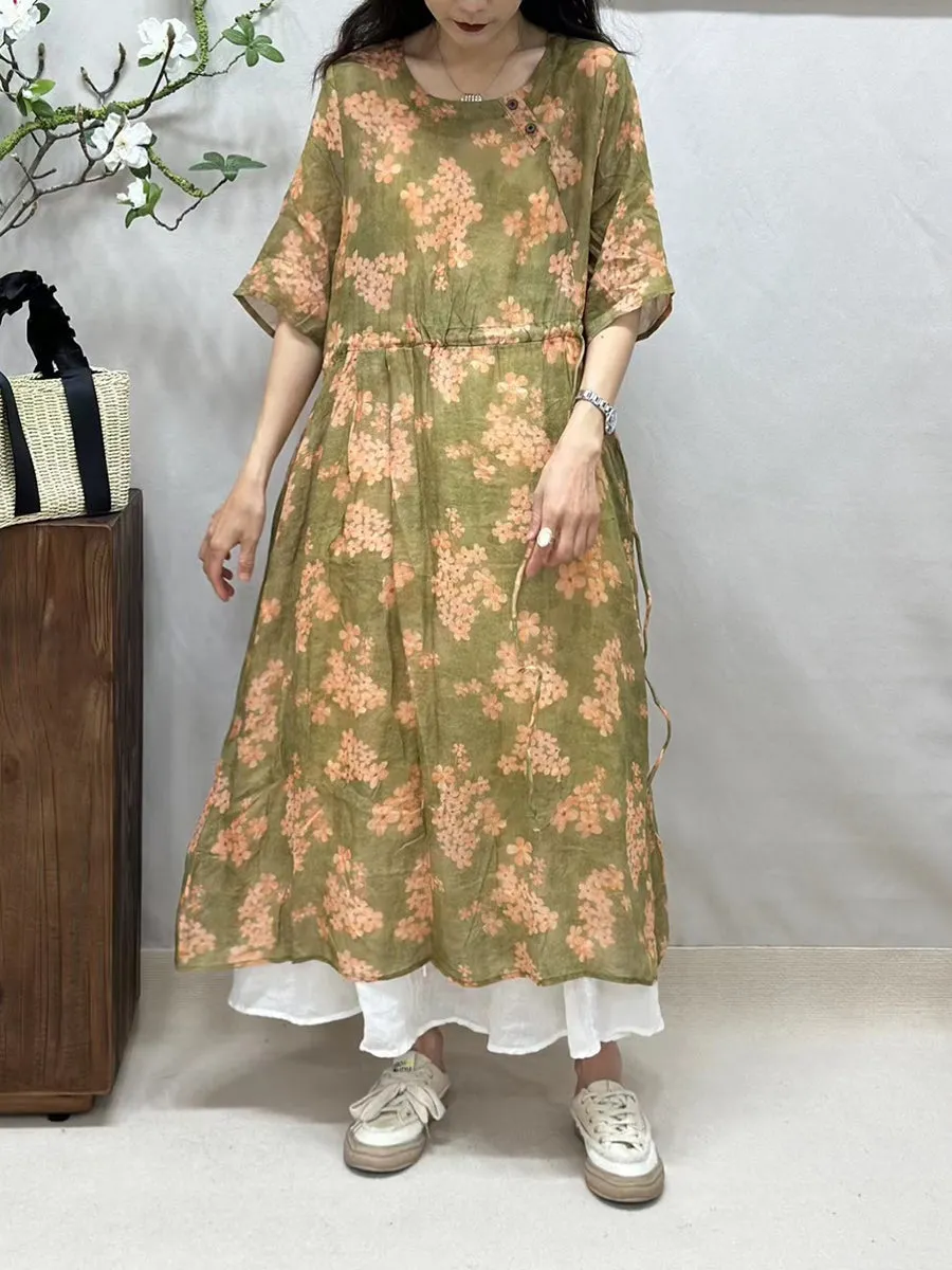 FLYTONN- Women Summer Artsy Floral Strap O-Neck Ramie Dress BN1016