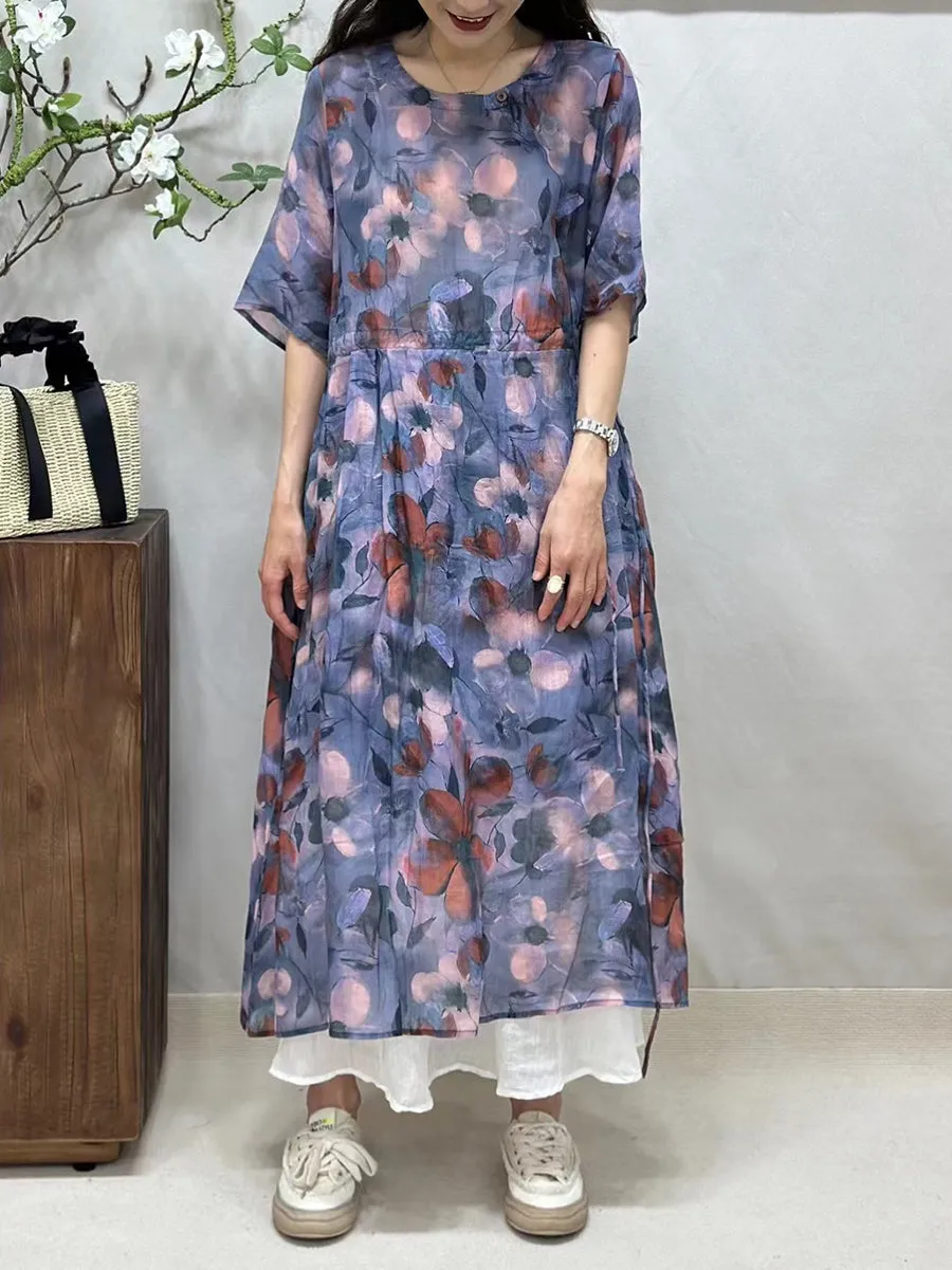 FLYTONN- Women Summer Artsy Floral Strap O-Neck Ramie Dress BN1016