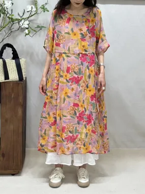 FLYTONN- Women Summer Artsy Floral Strap O-Neck Ramie Dress BN1016