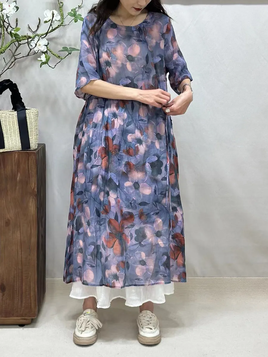 FLYTONN- Women Summer Artsy Floral Strap O-Neck Ramie Dress BN1016