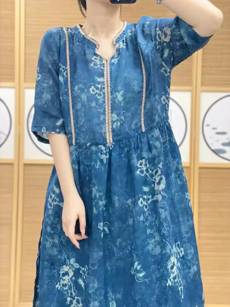 FLYTONN- Women Summer Artsy Floral V-Neck Ramie Dress PP1010