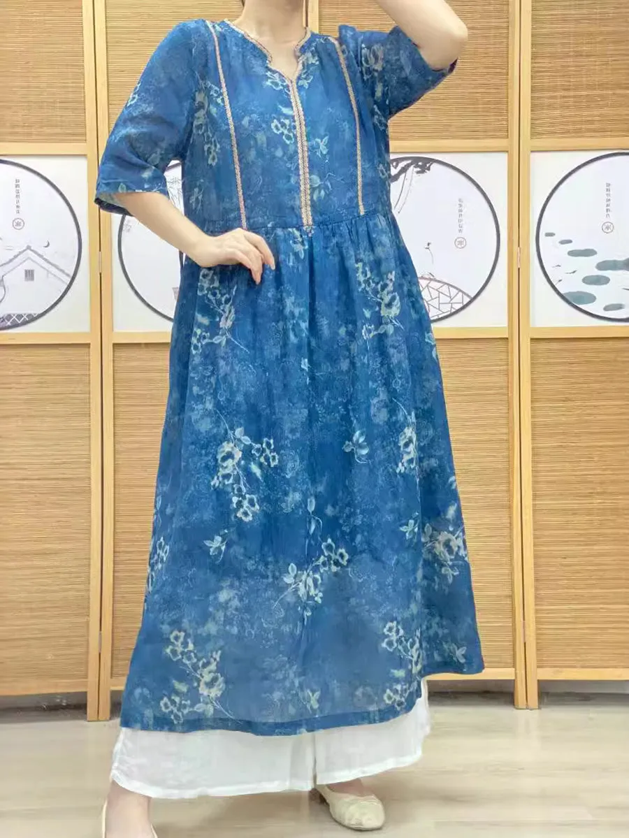 FLYTONN- Women Summer Artsy Floral V-Neck Ramie Dress PP1010